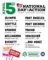 Flyer image for the Evergreen Resistance April 5th Protests in Olympia, Seattle, Vancouver, Everett, and Port Angeles