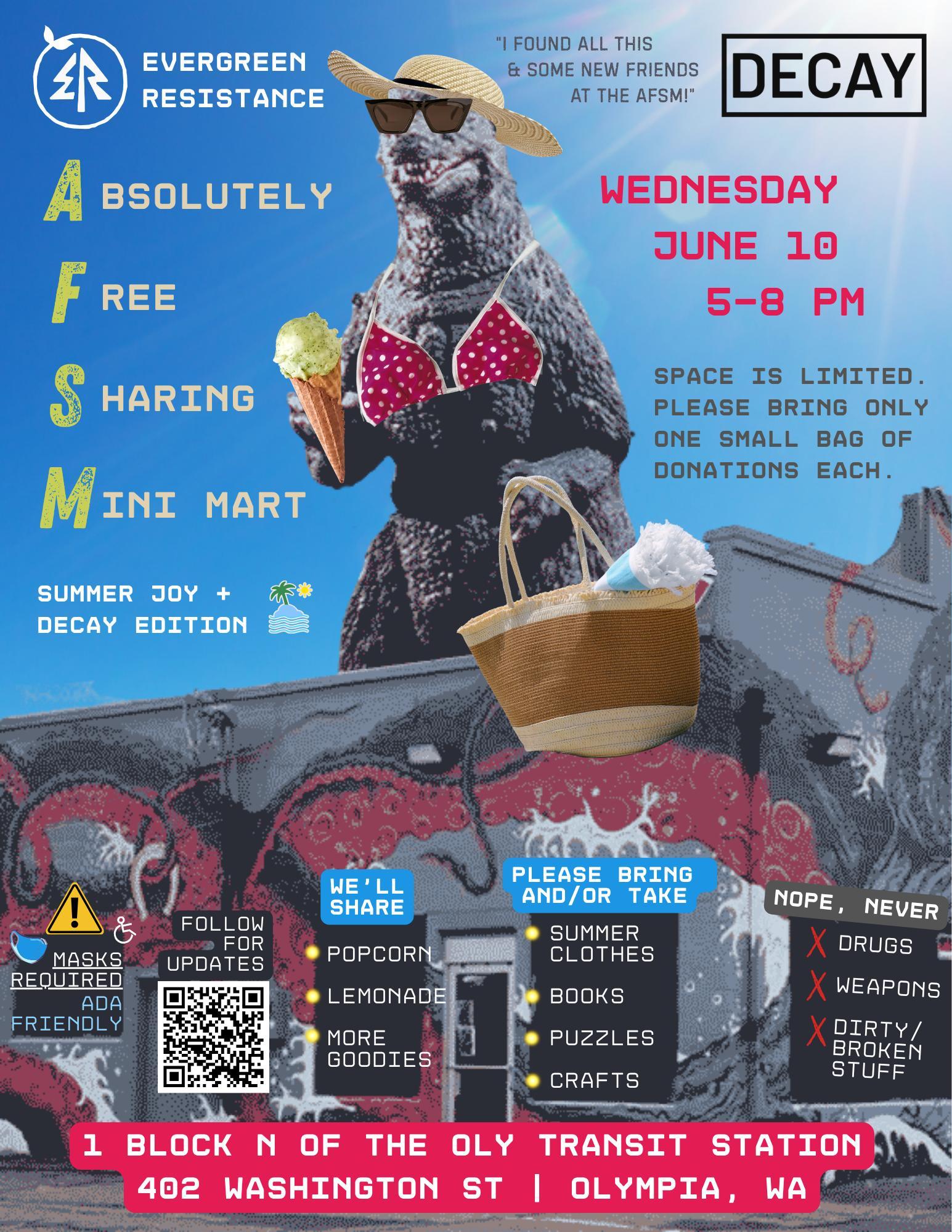 Thurston County Absolute Free Sharing Market June 10, 2026. Thurston County Fairgrounds, Sokolik Building & Peterson Barn, 3054 Carpenter Rd Southeast Lacey, WA 98503. Wed Jun 10 5pm-8pm, Masks Required